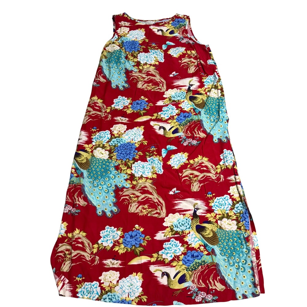Clio II Red Peacock Floral Rayon Maxi Dress Sleeveless Plus Size 1X D17W670